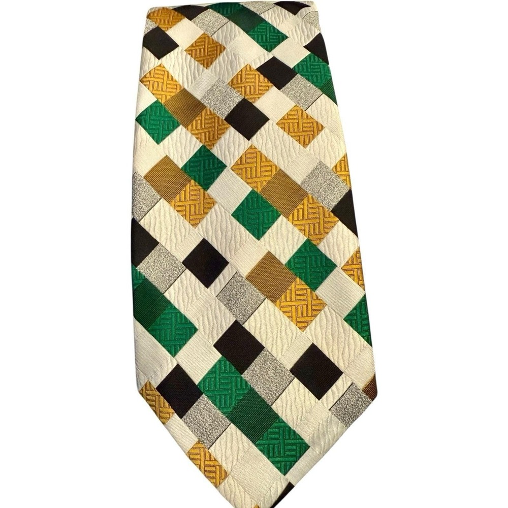 Christian Dior Tie WPL 490 Geometric Patchwork Print - Green Gold Black Vintage